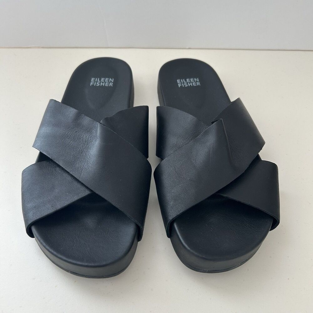 Eileen Fisher Black Leather Crossover Flat Sandals Size 8 Slip On